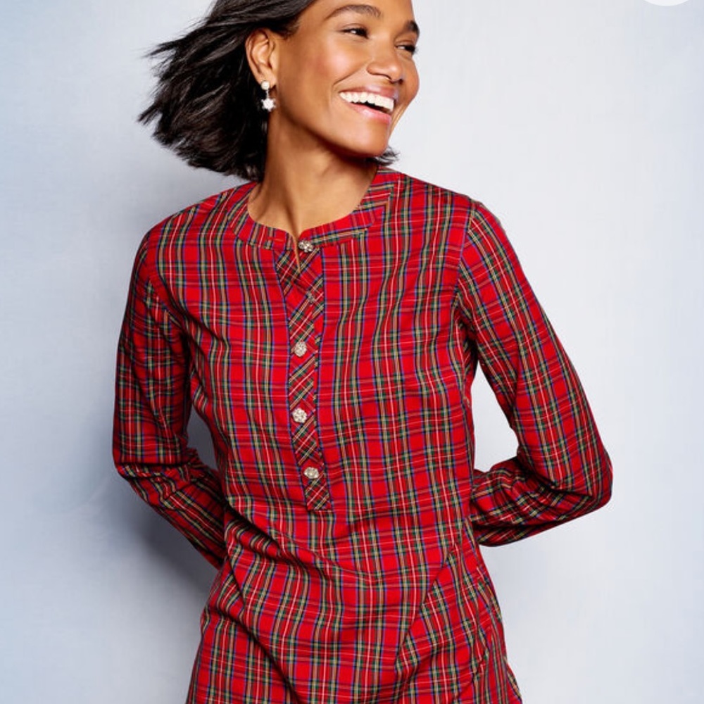 NWT Talbots Red Blue Plaid silver swarovski buttons Tunic, Size medium petite